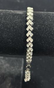 Sterling Silver S925 Heart Motif Tennis Bracelet, Cubic Zirconia, Box Clasp, 7 in Length