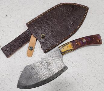 (1) Fixed Blade Damascus Steel Cleaver Knife With Wood And Resin Handle And Sheath