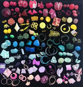 Large Lot Vintage 80s/90s Costume Earrings, 90 Singles, Hoop, Dangle, Clip & Stud, Neon Colors
