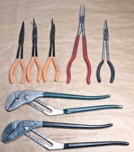 (2) Pair Of 16" Channel Lock Pliers, (1) 3-Peice Set Of Cummins 11" Long Reach Needle Nose Pliers, (1) Pair Of 15" Long Reach Needle Nose Pliers & (1) Pair Of 11" Long Reach Needle Nose Pliers