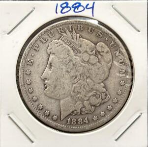 1884 Morgan Silver Dollar, Circulated, 90% Silver, Reeded Edge, Liberty Head