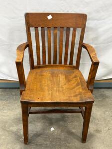 Classic Wooden Banker&rsquo;s Office Armchair, Slat Back, Solid Wood, 23&rdquo;W x 34&rdquo;H, Brown Finish