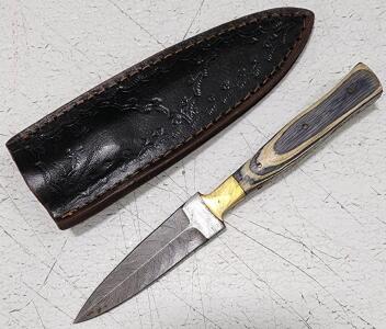 (1) Fixed Blade Damascus Steel Double Sided Knife With Wood Handle And Sheath