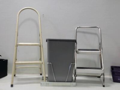 Household Lot! Including 2 Step-Ladders, 1 Trash Can w/ Internal Cupboard Rolling Piece