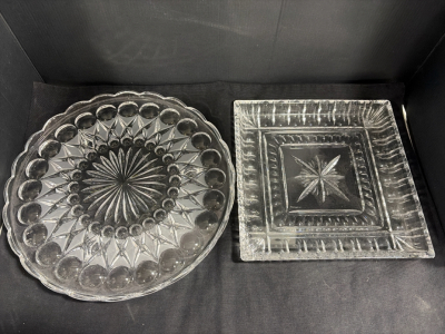 Serving Tray Set &ndash; 10" Square Waterford branded crystal, 12&rdquo; round tray possibly crystal (unable to verify).