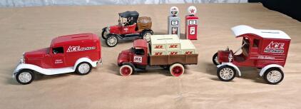 (4) Vintage Ertl Die Cast Automobile Banks & (1) 2-Piece Vintage Ceramic Salt & Pepper Gas Pump Set