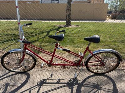 Western Flyer Tandem Cruiser Bicycle, Red, 26" Steel Frame, Single Speed, HUF3002x. Please inspect in person.