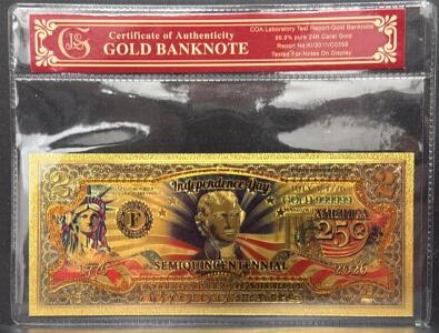 2026 24K Gold-Plated $2 Independence Day Semi-Quincentennial Commemorative Note, COA, Serial 999999