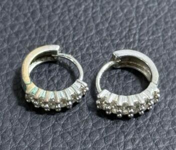 Sterling Silver 925 Small Hoop Earrings, Cubic Zirconia, Hinged Closure, Pav&eacute; Cluster Design