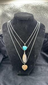 3 Necklace Lot - (1) Heart Shaped Picture Jasper Pendant & .925 Silver Necklace, (1) Crazy Lace Agate Gemstone Pendant & .925 Silver Necklace , (1) Turquoise Heart Pendant & .925 Silver Necklace
