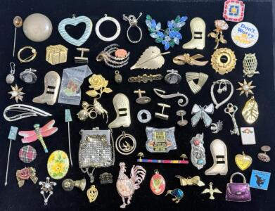 Large Vintage & Costume Jewelry Lot - 55+ Brooches, Pins, Cufflinks, Clint Black Pin, Mixed Motifs