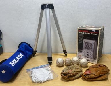 Meade Telescope Tripod with Bag, Rival Titan Utility Heater(Powers On),Baseball Gloves & Balls Lot, and Doilies