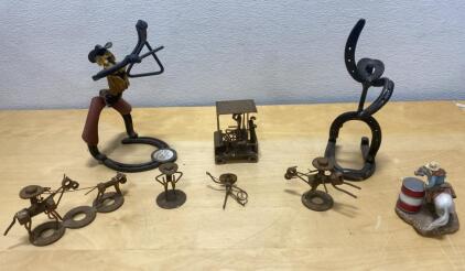 Western Cowboy & Rodeo Metal Art Sculptures Lot &ndash; Horseshoe, Welded Steel, 8-Piece Set, Mixed Materials
