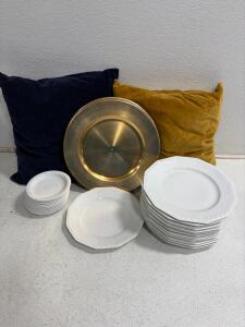 Porcelain Dinner Plates and salad plate with Gold platters & 2 Velvet Pillows