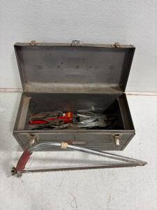 Vintage Craftsman Metal Toolbox with 14 Hand Tools, Vice-Grip Pliers, Pipe Wrench, Bow Saw