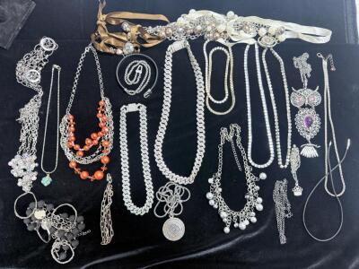 Assorted Fashion Jewelry Lot: 16 Costume Necklaces & Bracelets, Statement, Beads, Silver-Tone
