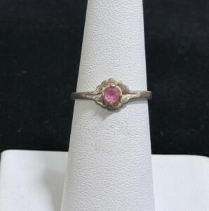 Sterling Silver Ring 925, Round Pink Stone, Floral Solitaire Setting