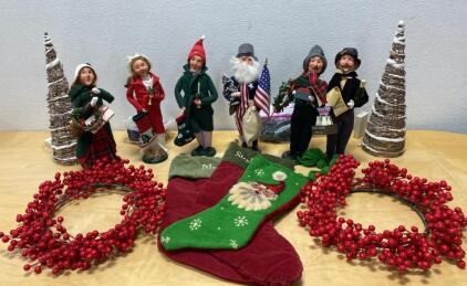 Byers' Choice Caroler Figurines Collection with Stockings, Berry Wreaths & Tabletop Trees Set