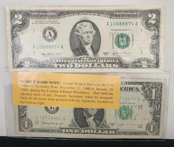 (1) 2003 US Two Dollar Bill, Serial A10688874A, Boston Reserve (1) 1963-B $1 Scarce Barr Note