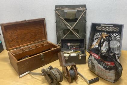 Vintage Utility & Recovery Tool Lot: Winches, Alpine Power Tire Chains, Wooden Box, Rescue Stretcher