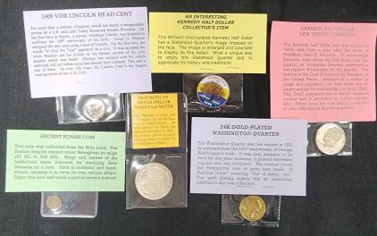 (1) 24K Gold-Plated Washington Quarter (1) Old Mexican Silver Dollar 1963 Mexican Peso Minted From Silver (1) Kennedy Half Dollar Gem Proof Condition And More