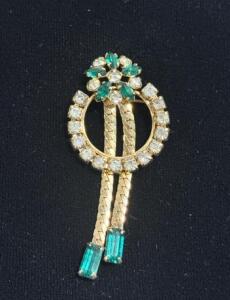 12K Gold Emerald & Diamond Brooch Pin, Mid-Century Flower Motif, Marked 18K