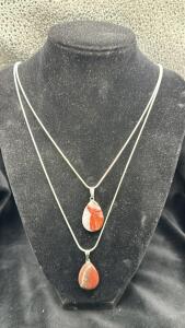 (1) Multi Colored Fire Agate Teardrop Pendant & .925 Silver Necklace, (1) Red Agate Teardrop Pendant & .925 Silver Necklace
