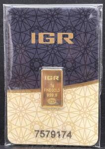 IGR 1 Gram Gold Bar, 999.9 Fineness, Assay Certified, Serial No. 7579174