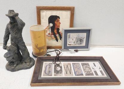 (1) 17" Yankee Doodle Dandy Products Cowboy Statue Figurine (1) 13" x 16" Completed Framed 1077 Sunset Designs Indian Native Woman Crewel Embroidery (1) Rustic-Style Paper Nature Table Lamp And More