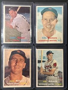 1957 Topps Baseball Cards: Bauer (#240) Yankees, Sievers (#89) Senators, Wilson (#19) Tigers, Adcock (#117) Braves