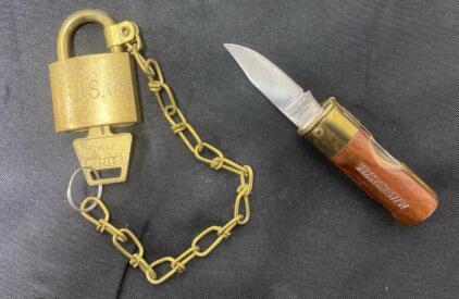 U.S. Military Brass Padlock with Serial #1906215 & Chain, Winchester Folding Pocket Knife, Wood Handle