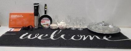 Anova Precision Cooker, Wear-Ever Fry Pan, Glass Platters, Wine Glasses & Cherub Teapot Set