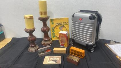 Rockland Carry-On Suitcase, Timber Wolf Bandsaw Blade, INCRA Hinge Crafter, Candle Holders & Vintage Sewing Accessories