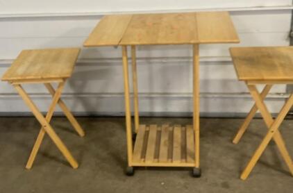 Wooden Folding Table Set with Stand, 2 Chairs , Rolling Storage Rack, Natural Finish - 32.5x 23.5x30.5