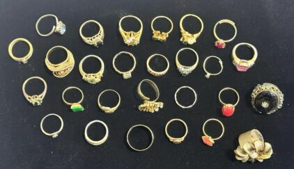 Vintage Estate Gold-Tone Ring Lot, 25 Assorted Rings & 2 Brooches, Faux Gemstones Floral Bow