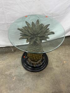 Pineapple Base Round Glass Side Table with Resin Sculptural Pedestal, 24" Diameter