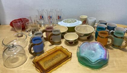 Vintage Glassware & Ceramic Collection: Carnival Cruise, Pyrex, Depression Glass, Mugs, 26 Pieces