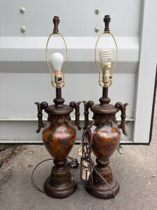 Pair of Ornate Table Lamps, Faux Antique Bronze Finish, Harps & Finials Included, 30"