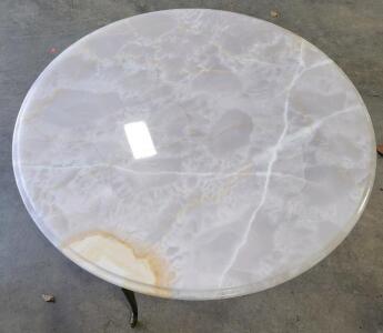 Polished Onyx Round Table, 37.5" Stone Top, Brass Cabriole Legs, Mid-Century Style, 4-Leg Base