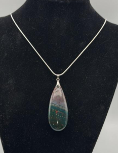 45.90ct. Indian Dragon Bloodstone Teardrop Pendant & Stamped .925 Silver Necklace