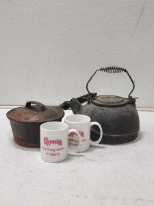 Vintage Cast Iron Kettle, Saucepan with Lid, and Kahl&uacute;a "Anything Goes in Idaho" Mugs