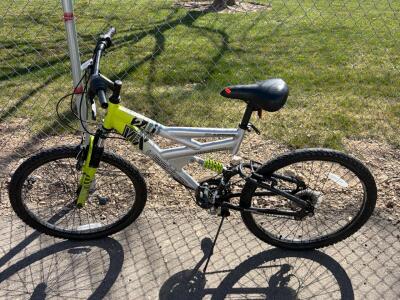 Vertical V24 Aluminum 24" Dual Suspension Mountain Bike, Shimano Gears, Silver/Yellow. Please inspect in person.