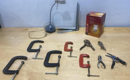 Mixed Lot: 5 C-Clamps, 2 Locking Pliers, Desk Lamp, Shelf Brackets, Portfolio Wall Fixture