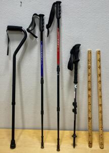 Odyssey Trekking Poles and Black Diamond , Black Metal Cane, and Pair of Wooden Walking Sticks