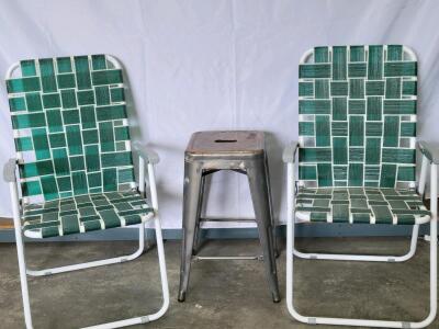 (1) Metal Stool & (2) Plaid Fabric Folding Chairs.