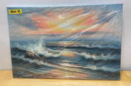 36"x24" Seascape Ocean Waves, Sunset Canvas Painting, Gallery-Wrapped Art
