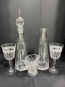 Marquis by Waterford Crystal Decanter, Stopper, 2 Wine Goblets, Creamer, Matching Cut Pattern