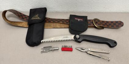 Gerber Folding Saw & Leatherman PST Multi-Tool Kit, USA Made, Sheaths, Bits, Leather Belt