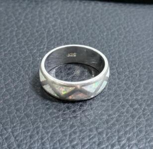 Sterling Silver 925 Band Ring with Zig-Zag Opal Inlay, Geometric Pattern, Size Not Marked