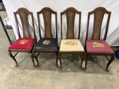 Set of 4 Vintage Queen Anne Style Dining Chairs &ndash; Cane Back, Needlepoint Seats, Cabriole Legs
